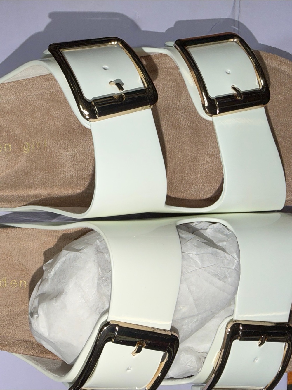 White Double-Buckle Slide Sandals with Gold Hardware